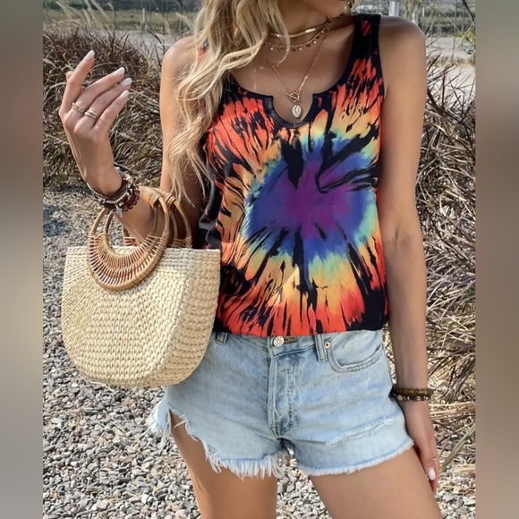 Vibrant Splash of Colors Tie dye split neck tank top mixed colors W-625 - Picture 4 of 16